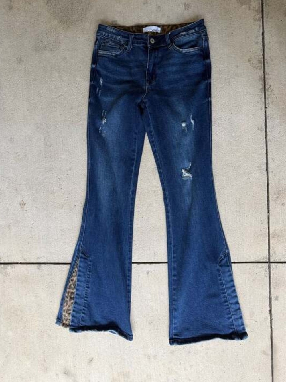 Vervet Women’s Blue Flare Jeans with Distressed Detail And Cheetah Print 30
